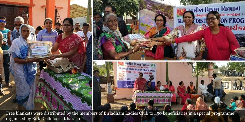 Free blankets were distributed by the members of Birladham Ladies Club to 450 beneficiaries in a special programme organised by Birla Cellulosic, Kharach