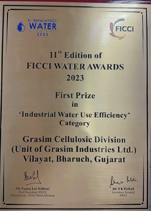 Grasim Cellulosic Division, Vilayat - Bharuch (Unit of Grasim Industries Limited) won the 1st prize at the 9th India Industry Water Conclave and the 11th Edition of FICCI Water Awards held on December 15, 2023