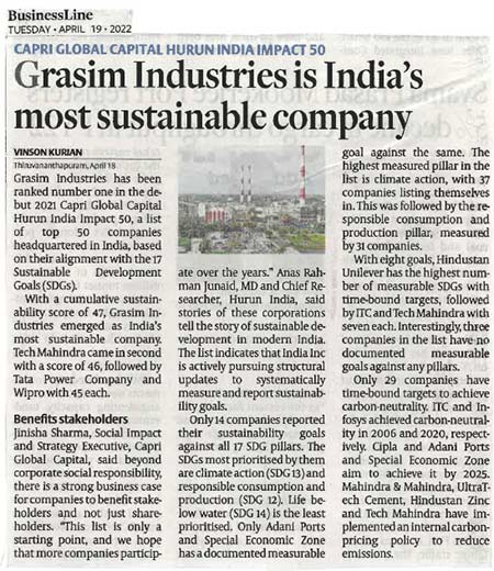  Grasim Industries emerges India’s most sustainable company