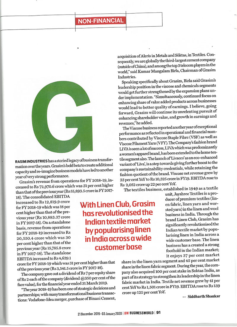 Grasim Industries ranks #11 in the Top 500 Indian large companies list by Business World