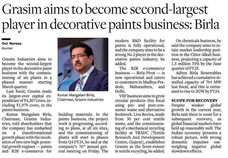  Grasim aims to become second-largest player in decorative paints business: Birla